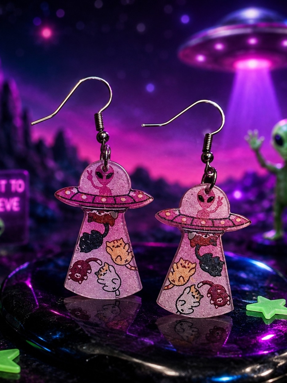 Pink Alien UFO Dangle Cat Earrings - New